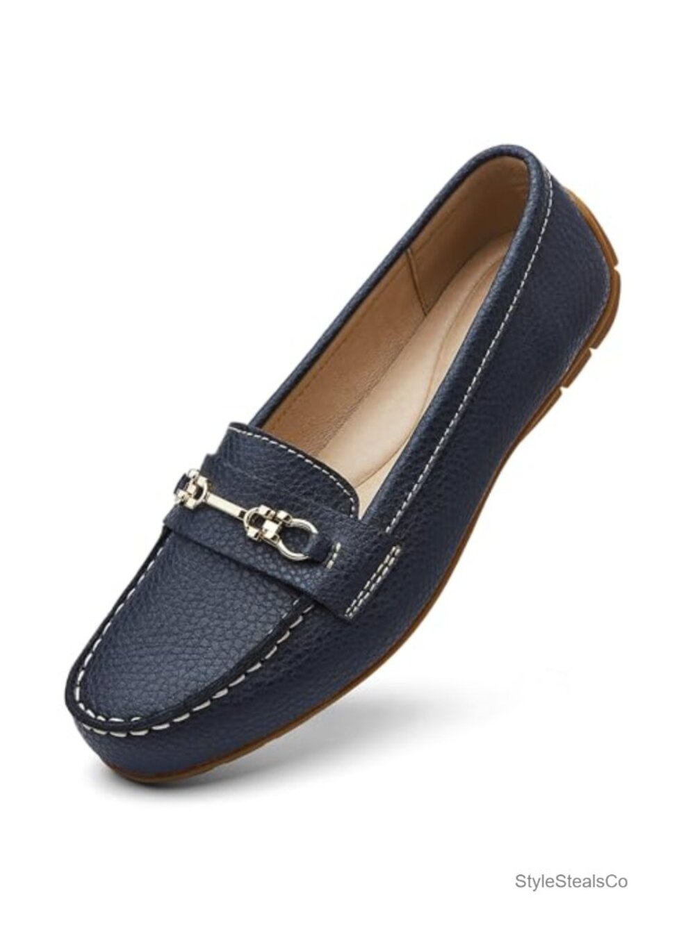 Genuine Leather Loafers Gold Buckle Chain Slip-On Comfort Shoes